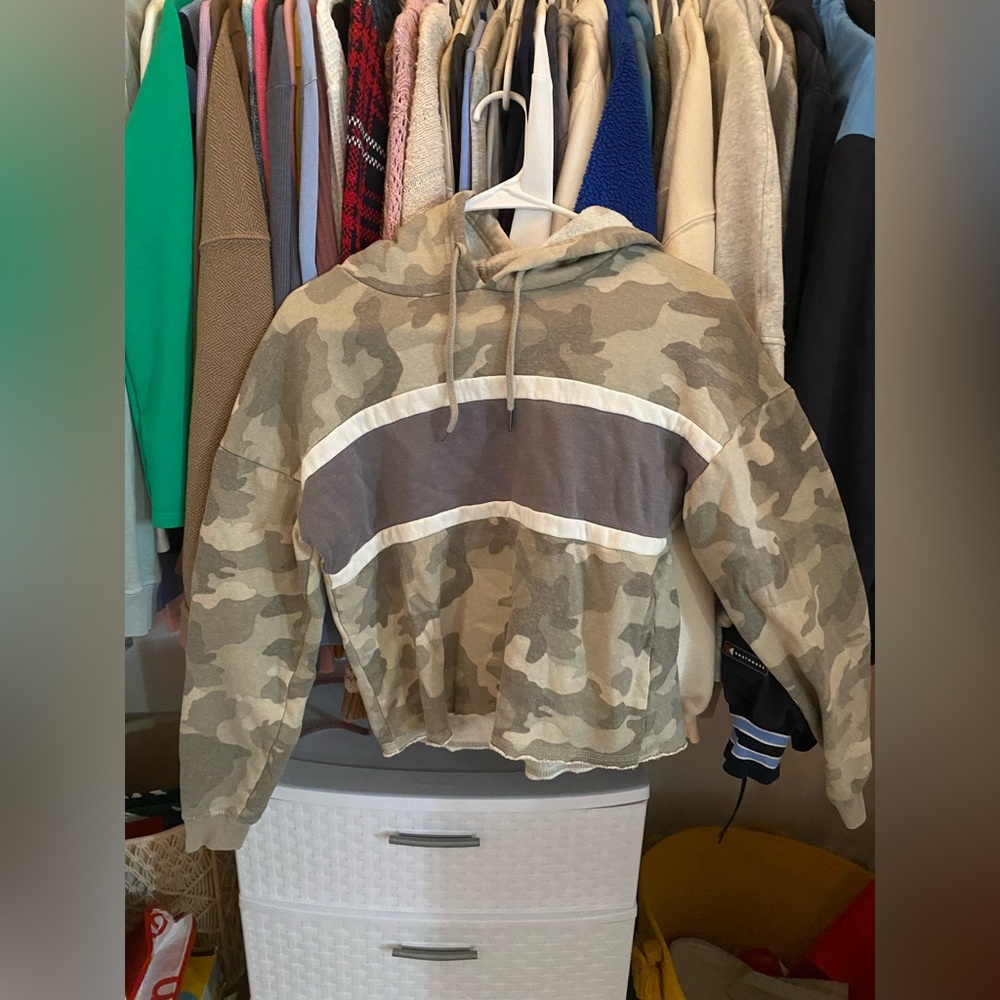 Camo + Blue Stripe Cropped Hoodie